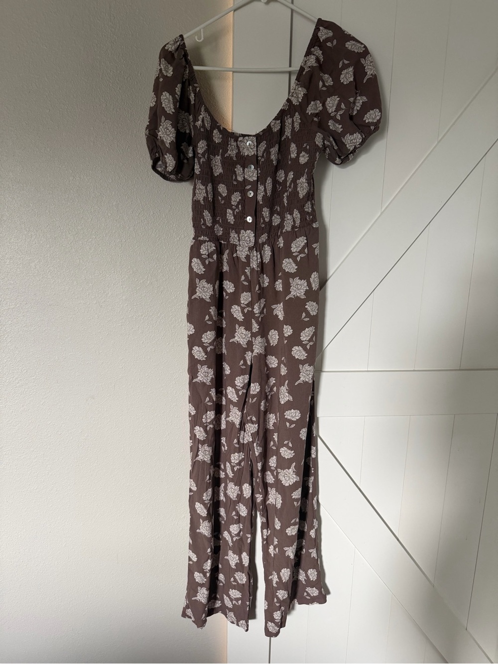 Brown Floral Puff-Sleeve Jumpsuit